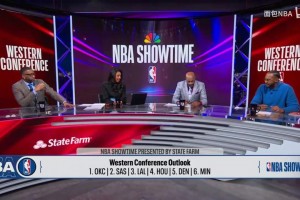 😂演播室的氛围快活了起来！当甜瓜说火箭能进西决之后…